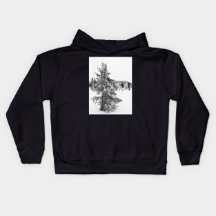 Black and White Shot of Snow-Covered Fir Tree in Frozen Winter Landscape Kids Hoodie